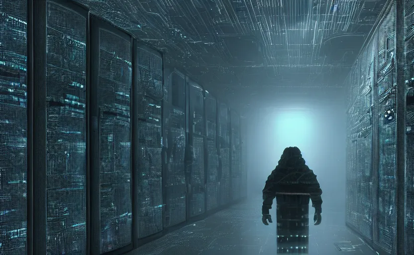 Image similar to extremely detailed cinematic movie still 3 0 7 7 foggy portrait closeup shot of a minion in an endless data centre by denis villeneuve, wayne barlowe, simon birch, marc simonetti, philippe druillet, beeple, bright volumetric sunlight from small windows, rich moody colors, closeup