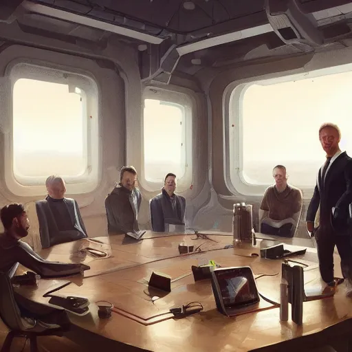 Image similar to scene of elon musk, mark zuckerberg, jeff bezos, in meeting together, very detailed, art contest winner on behance, trendy on deviant art, by artgem, greg rutkowski