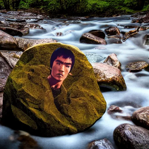 Prompt: A rock sculpture of Bruce Lee hidden in the middle of a mountain stream, dramatic lighting, 4k