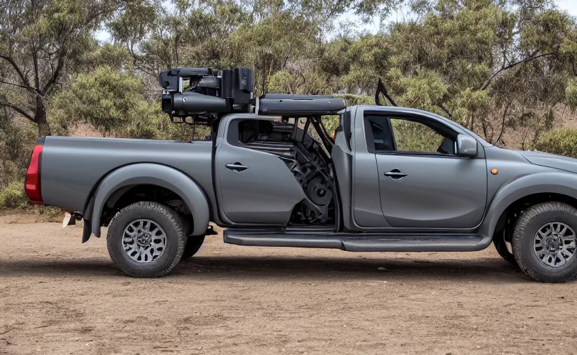 Image similar to wideshot of a UB-32 rocket pod mounted on a Mitsubishi Triton, highly detailed, 4k photo, shot with sony alpha