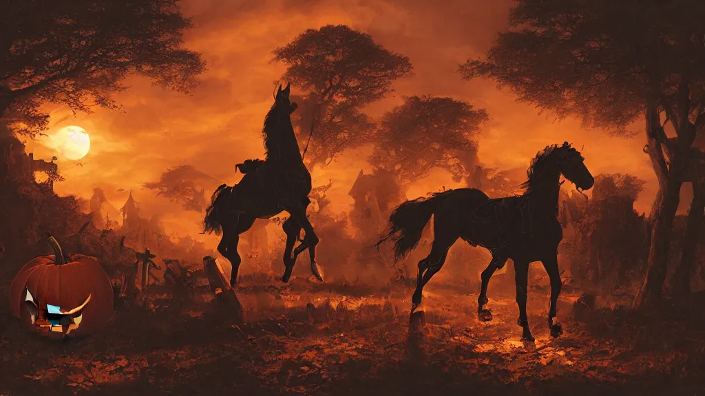 Image similar to a jack - o - lantern headed colonial rider!!!! on lone rampant!!! ( ( black horse ) ) with fiery eyes, background gnarled trees and large supermoon, in the styles of greg rutkowski, keith parkinson, and john quidor, intricate, detailed, volumetric lighting