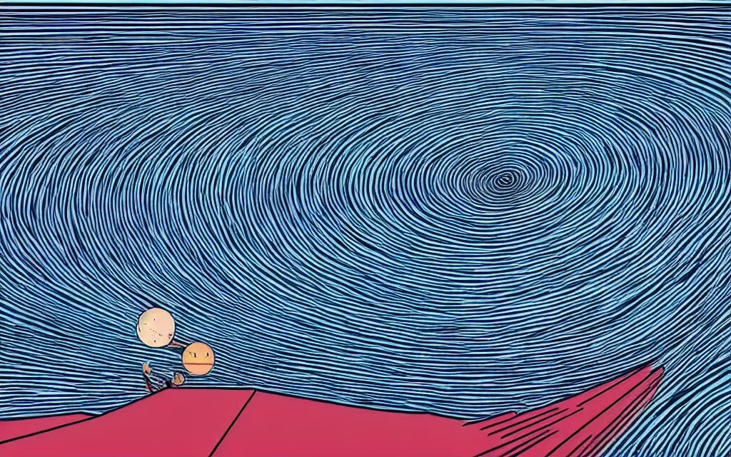 Image similar to gravitational waves, spreading trough the universe. retro minimalist art by jean giraud.