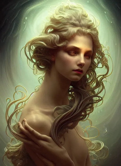 Prompt: a dreamy moody photographic portrait of a anthropomorphic bioluminescent oil wave, fantasy, intricate, elegant, highly detailed, digital painting, artstation, concept art, smooth, sharp focus, illustration, art by artgerm and h r giger and alphonse mucha