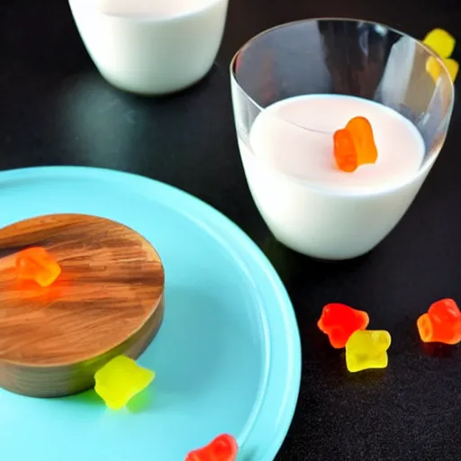 Image similar to Suudsu, skim milk with gummy bears floating in it, Food Network recipe photograph.