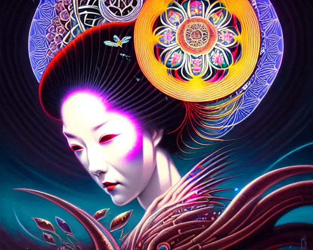 Image similar to a headshot of a geisha offset in the frame, surrounded by fractals, mandalas, cherry blossoms, hadron collider technology, metal gears, swirling bioluminescent energy, art by peter mohrbacher and dan mumford