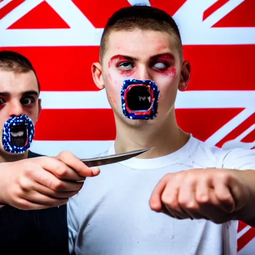 Image similar to mid-shot portrait photograph of two male British chav youths holding box cutter knives, with white powder on their faces, wearing the Union Jack, high quality