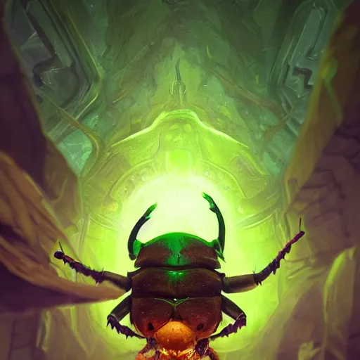 Prompt: a giant glowing horned beetle, horned beetle, green theme, bright art masterpiece artstation. 8 k, sharp high quality artwork in style of jose daniel cabrera pena and greg rutkowski, concept art by tooth wu, blizzard warcraft artwork, hearthstone card game artwork, horned beetle