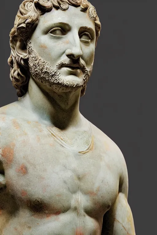 Prompt: an ancient greek marble statue of actor gerard butler, painted in reconstructed original colors, courtesy of the british museum