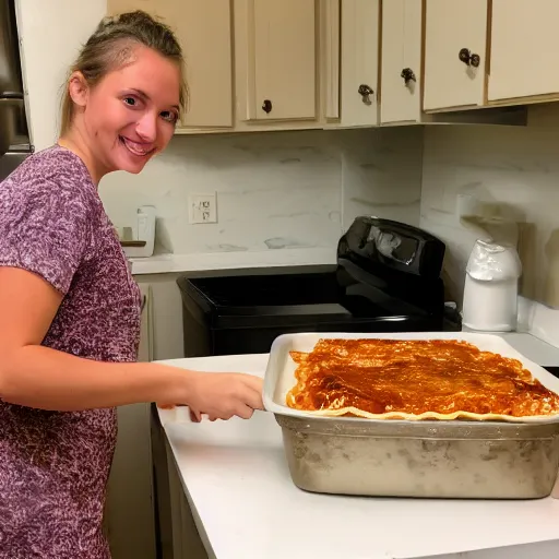 Prompt: hailey williams cooking lasagna in the kitchen