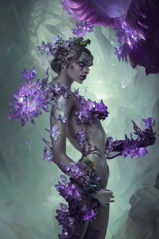 Prompt: torso closeup model wearing demonic crystal dress in purple flowers, sorcerer, diamonds, angel, fantasy, dramatic lighting, highly detailed, digital painting, holding electricity, magic the gathering, hyper detailed, 3 d render, hyper realistic detailed portrait, peter mohrbacher, wlop, ruan jia