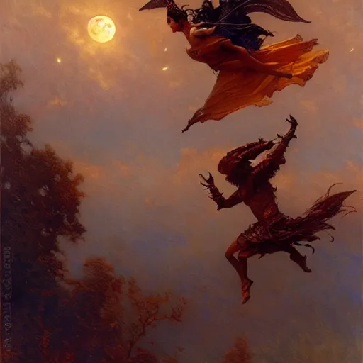 Image similar to witch flying, trough the night, fantasy, full moon in background. highly detailed painting by gaston bussiere, craig mullins, j. c. leyendecker 8 k