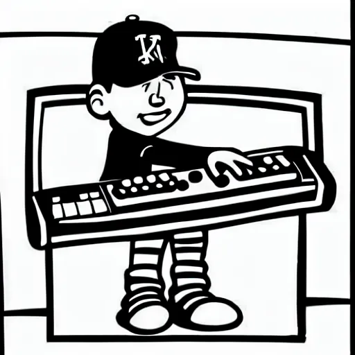 Image similar to cartoon line drawing illustration, in fine detail, of a kid wearing a baseball cap, playing a Korg MS-20 synthesizer, in the style of The Beano, sharpie, black and white, long shot, white background, graffiti marker, graffiti character, 90s cartoon,