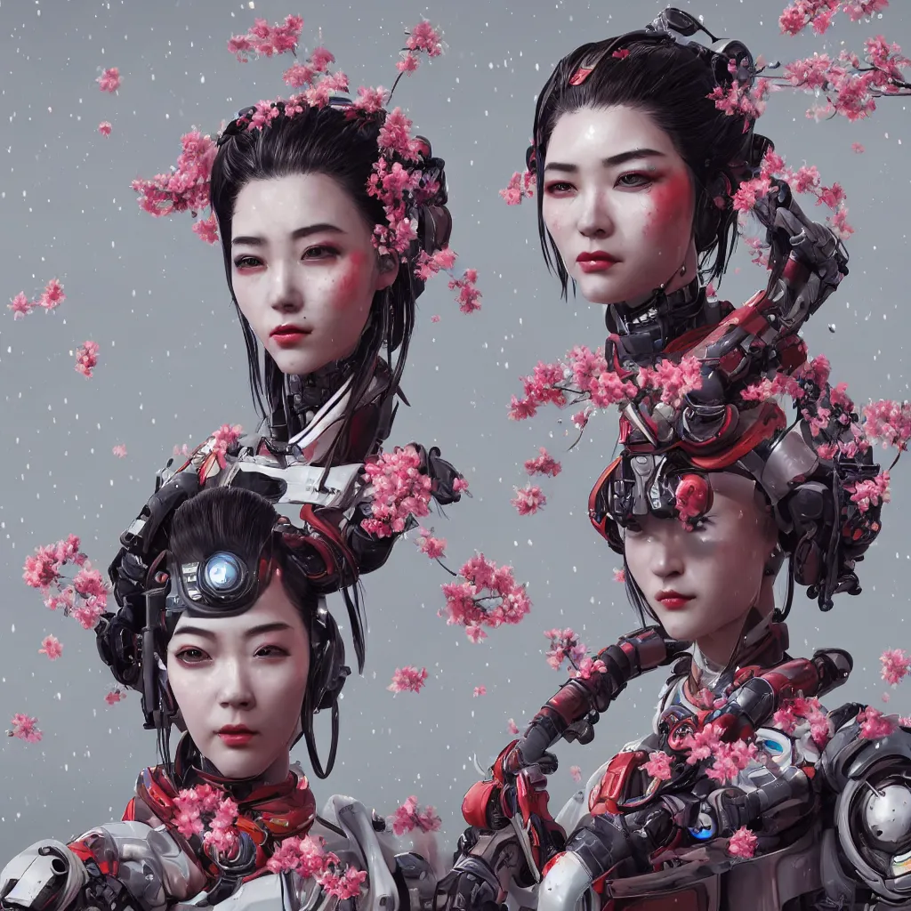 Prompt: An epic fantastic realism comic book style portrait painting of a Japanese robotic geisha, cherry blossom rain everywhere, Apex Legends Concept Art, porcelain, unreal 5, DAZ, hyperrealistic, octane render, cosplay, RPG portrait, dynamic lighting