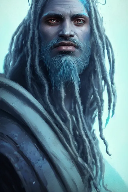 Image similar to portrait of a blue skin genasi with a square jaw from d & d by greg rutkowski, dreadlocks and small beard, tempest priest, runic rings, d & d character, blue, black background, highly detailed portrait, digital painting, artstation, concept art, smooth, sharp foccus ilustration, artstation hq