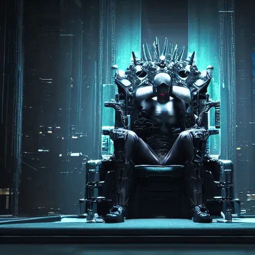 Prompt: evil cyberpunk dark lord sitting on a throne, highly detailed, photorealistic portrait, bright studio setting, studio lighting, crisp quality and light reflections, unreal engine 5 quality render