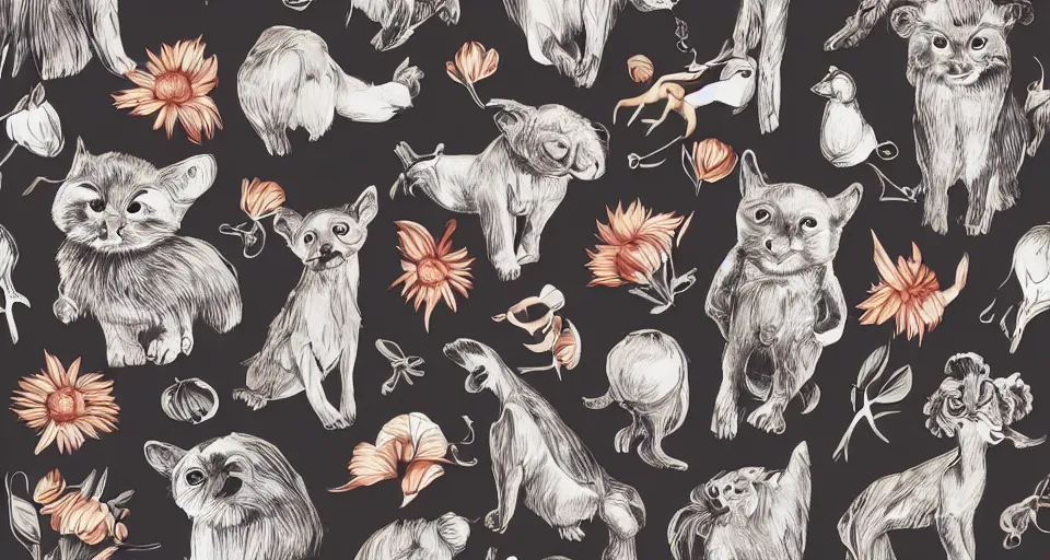 Prompt: cute animals and plants on a black background, wallpaper, Illustration, Anatomical Drawing, Painting
