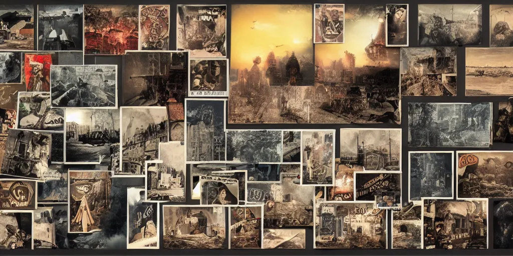 Image similar to full color page scan of various vintage photomontages on black background, in matte painting, 2 d, kitbash, 4 k