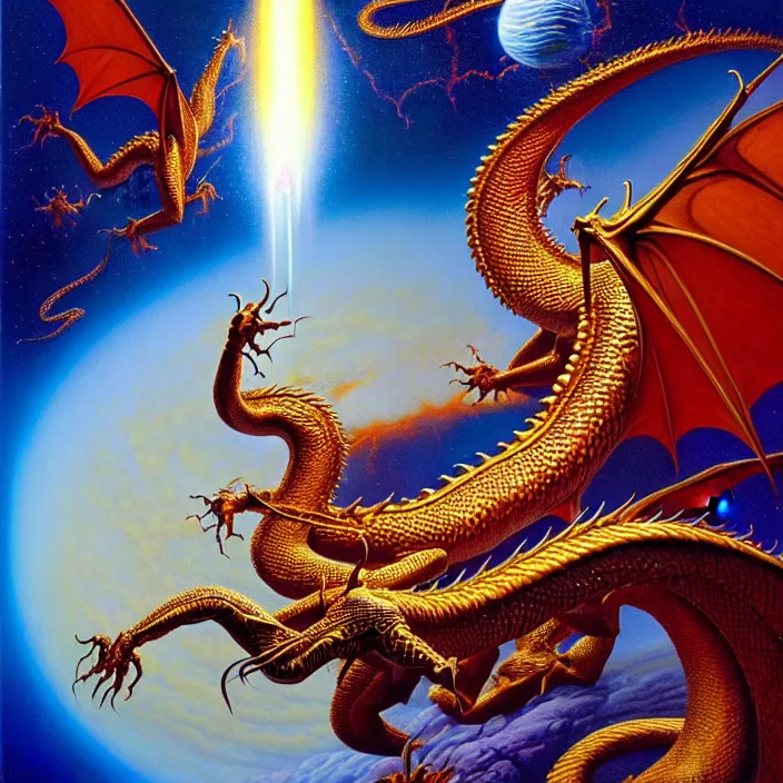 Prompt: a graceful dragon with chrome scales in outer space, tim hildebrandt, wayne barlowe, bruce pennington, donato giancola, larry elmore, oil on canvas, masterpiece, trending on artstation, featured on pixiv, cinematic composition, dramatic pose, beautiful lighting, sharp, details, hyper - detailed, hd, hdr, 4 k, 8 k
