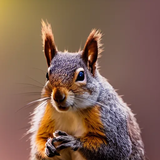 Prompt: closeup photo of a squirrel at sunset, backlighted, professional photo, nikon d 7 2 0 0, f / 1. 8