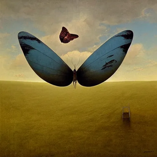 Prompt: Massive butterfly airship flying over a hill by Zdzislaw Beksinski