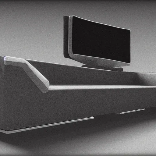 Image similar to detailed sketch, a prototype concept design of a sofa, commercial tv add, blade runner style,