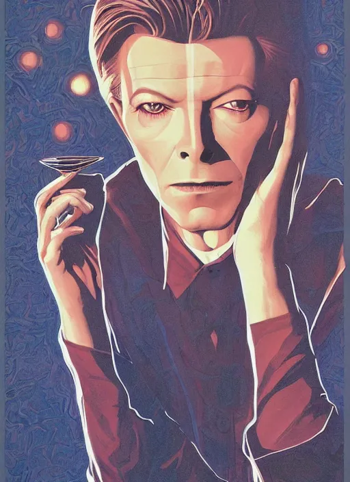 Prompt: twin peaks poster art, portrait of david bowie contemplating lois duffy, who said'i'm like the blue rose'before dying and disappearing, by michael whelan, rossetti bouguereau, artgerm, retro, nostalgic, old fashioned