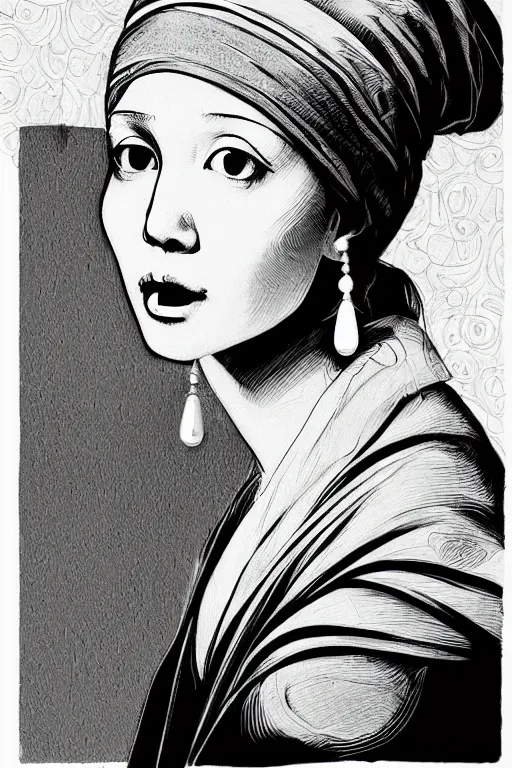 Image similar to beautiful portrait of a woman, negative no not the girl with a pearl earring, highly detailed ink illustration of a narrow neon lit tokyo alley, b & w clean shaped illustration by kim jung gi, ric estrada, ron english and eiichiro oda