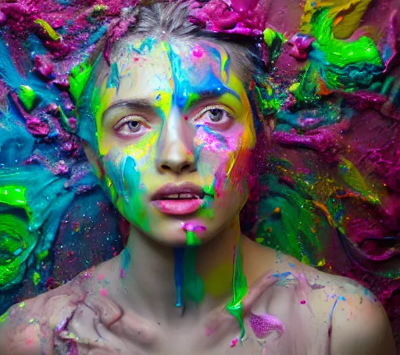 Image similar to still shot footage of a portrait of a female angel's head morphs into acrylic pour and coloured powder explosion and splashing paint and dripping paint and flying paint chunks, closing eyes, motion blur, hyperrealistic, medical, intricate art photography, hyperrealistic, anatomically correct, realistic crisp textures, 1 6 k