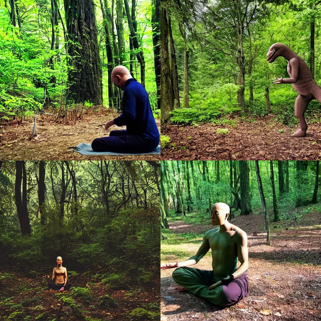 Prompt: trex monk meditating in the forest, calm