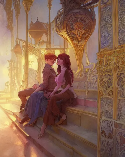 Image similar to secret romance, highly detailed,, gold filigree, romantic storybook fantasy, soft cinematic lighting, award, disney concept art watercolor illustration by mandy jurgens and alphonse mucha and alena aenami, pastel color palette, featured on artstation