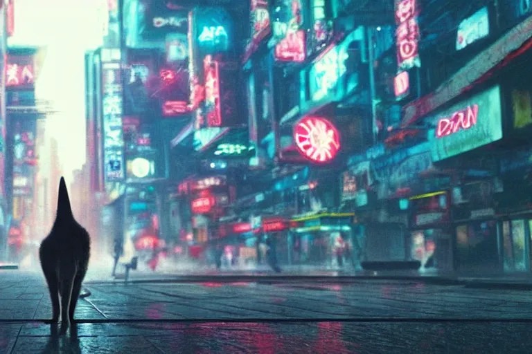 Prompt: VFX movie of a futuristic cat walking through a cyberpunk city rainy night natural lighting by Emmanuel Lubezki