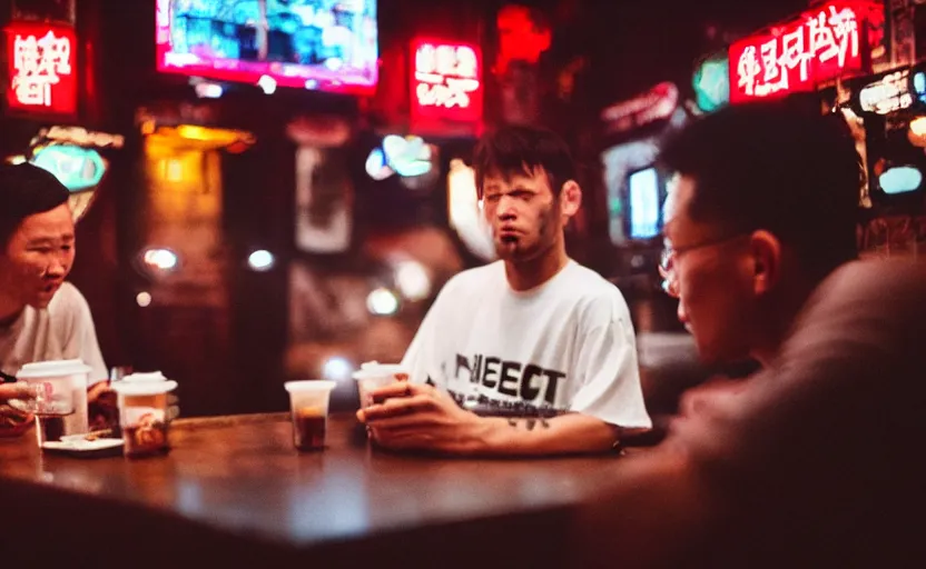 Image similar to cinestill 5 0 d photographic portrait of two white rats wearing streetwear talk at a bar in cyberpunk china, extreme closeup, modern cyberpunk, dust storm, 8 k, hd, high resolution, 3 5 mm, f / 3 2, ultra realistic faces, intricate detail, ex machina