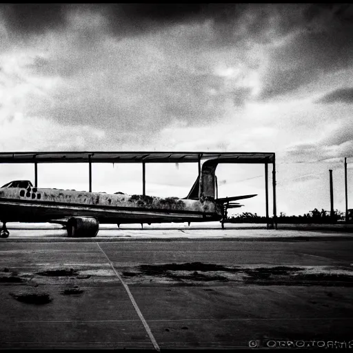 Prompt: black and white press photograph of a rusted abandoned business jet on an abandoned hangar, full view, detailed, natural light, mist, film grain, soft vignette, sigma 5 0 mm f / 1. 4 1 / 1 0 sec shutter, imax 7 0 mm footage