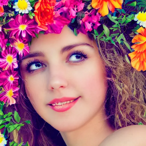 Prompt: a portrait of a young lady with perfect face, hot summertime hippie, fancy dress , flowers background , sunny day, highly detailed, realistic portrait, perfect design, natural light