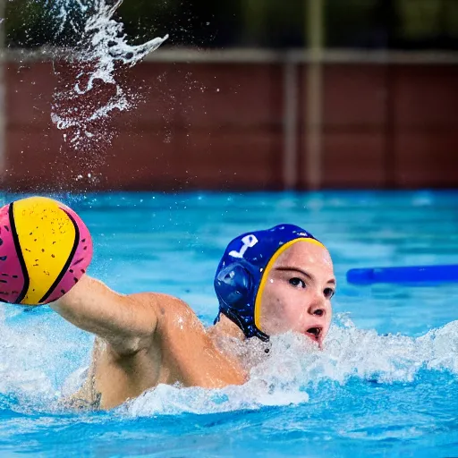 Prompt: water polo played with humans and hippopotamuses. sports photograph.