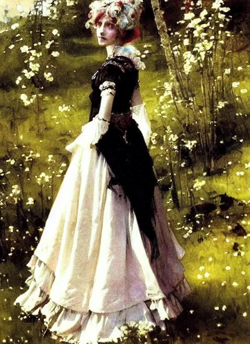 Image similar to gothic princess in baroque dress in a scenic environment. by anders zorn * *