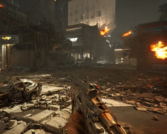 Image similar to duke nukem battling his way through a destroyed la, night, ran, pigsoldiers, rendered in cryengine, volumetric lighting, rtx on