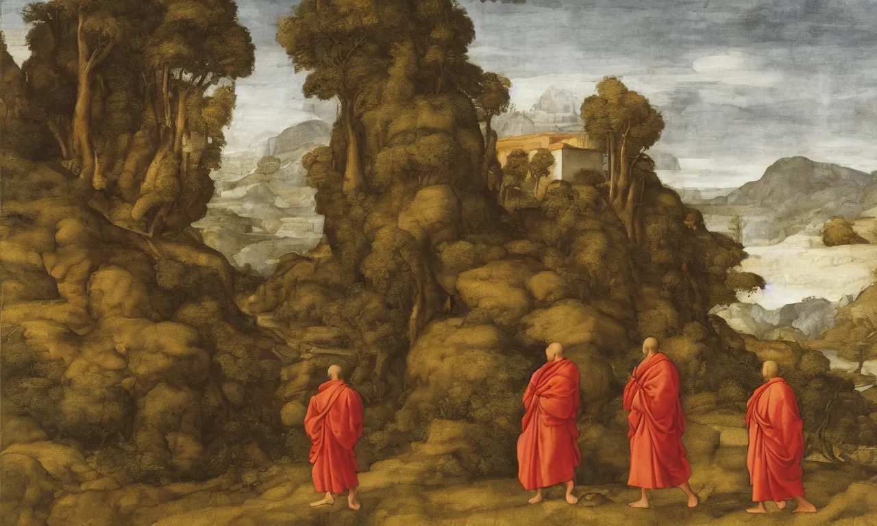 Prompt: a beautiful landscape with two hermit monks wearing brown habit, highly detailed, Painting by Raphael