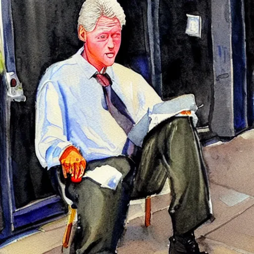 Prompt: bill clinton working on the streets of new york as a hooker, in the style of a watercolor painting