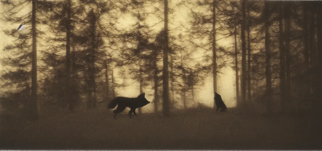 Prompt: wood, black wolf guarding, by arkhip kuindzhi, pinhole analogue photo quality, blur, unfocus, cinematic, 3 5 mm