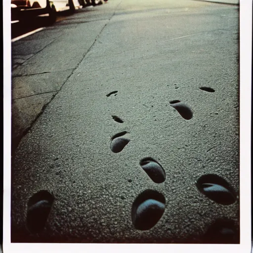 Image similar to wide-shot, low-angle eyesight, first-person!! chain of cat paw prints on fresh cement at the street, polaroid photo, by Andy Warhol