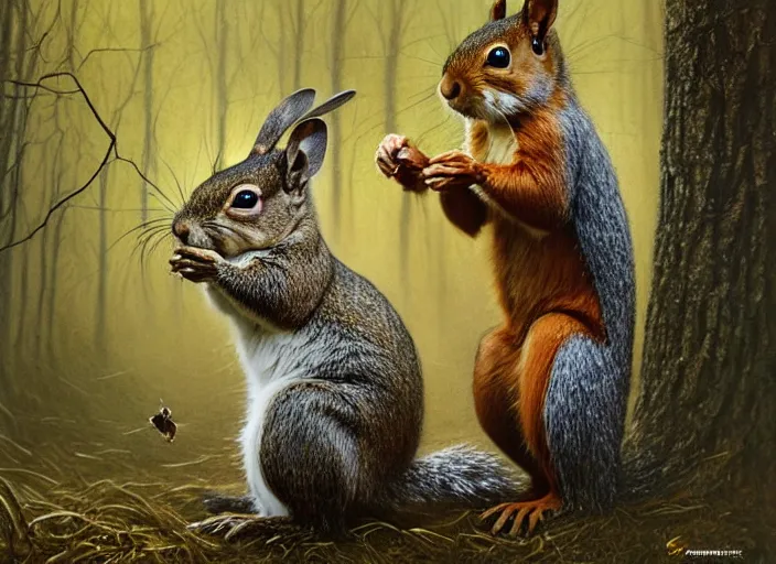 Prompt: photo, a squirrel fighting a rabbit, woodland location, stefan kostic and david cronenberg, realistic, sharp focus, 8 k high definition, intricate, chiaroscuro, elegant, perfect faces, symmetrical face, extremely detailed, hypnotic eyes, realistic, fantasy art, masterpiece zdzislaw beksinski, national geographic, artgerm