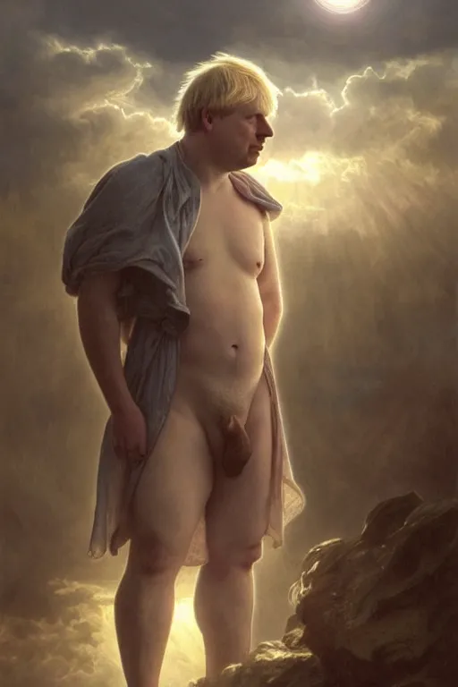 Prompt: a distant shot of Boris Johnson as Punsiher, masculine figure, bright hopeful atmosphere, volumetric lights, beam of bright light through the clouds, intricate, elegant, highly detailed, extremely detailed, digital painting, artstation, concept art, matte, smooth, sharp focus, hyper realistic, illustration, art by Artgerm and Greg Rutkowski and Alphonse Mucha