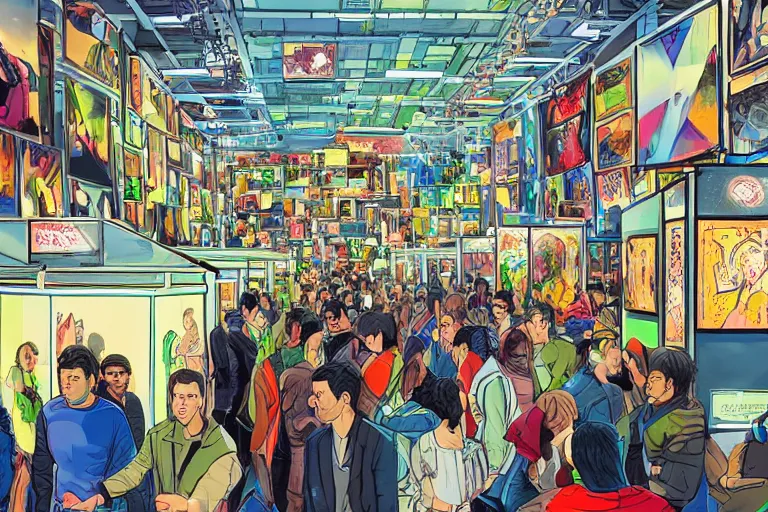 Image similar to people visiting crypto art market in the future, rennaisance, people, gallery, cable, akira, bright colors, concept art