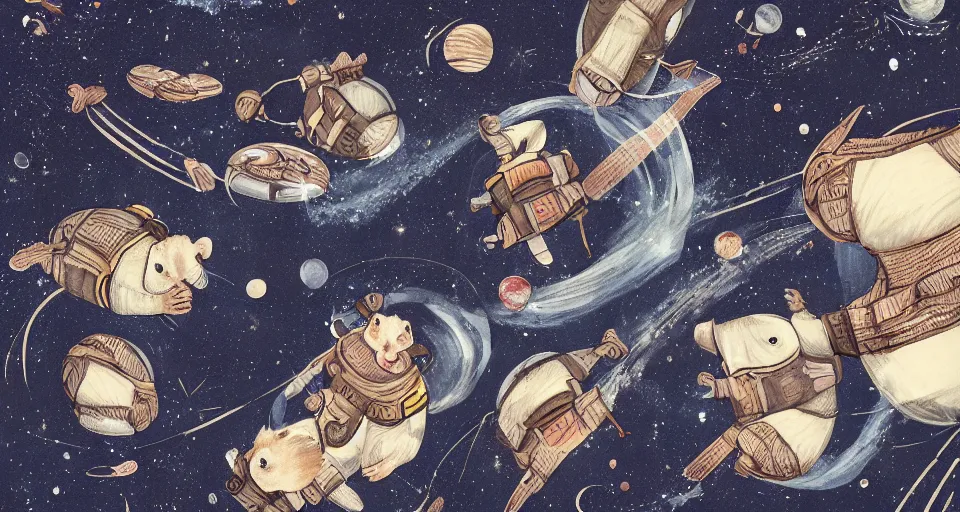 Image similar to realistic guineapigs's portrait on the cover of vogue magazine flying in space suits, deep dark universe, twinkling and spiral nubela, warmhole, beautiful stars, 4 k, 8 k, by hokusai, samurai man vagabond, detailed, editorial illustration, matte print, concept art, ink style, sketch, digital 2 d