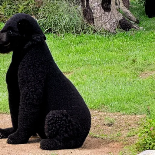 Image similar to a photo of a black poodle dog next to a panda,