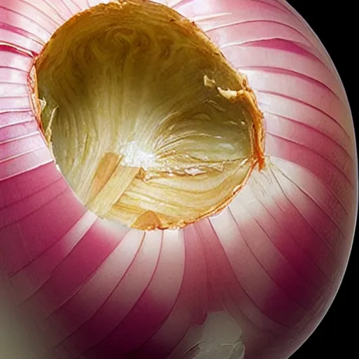 Image similar to The universe evolving causally depicted as layers on an onion, hyper realistic