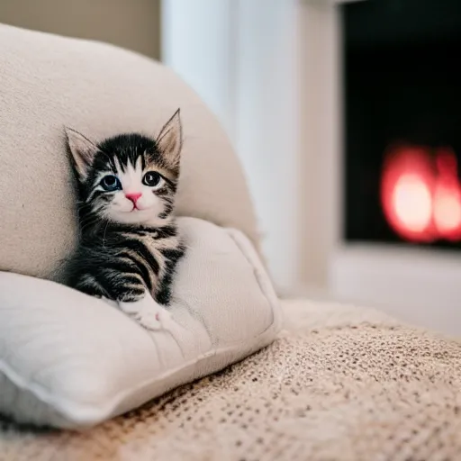 Image similar to A cute little kitten sits on the top of a plush heart-shaped pillow near fireplace, Canon EOS R3, f/1.4, ISO 200, 1/160s, 8K, RAW, unedited, symmetrical balance, in-frame