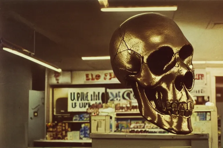 Prompt: large metallic skull attached to an infinitely long, thick power cable, stoic and calm, inside of an unlit 1970s convenience store, ektachrome photograph, volumetric lighting, f8 aperture, cinematic Eastman 5384 film