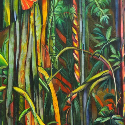 Image similar to 4 th wall jungle painting, oil and acrylic on canvas, high detail